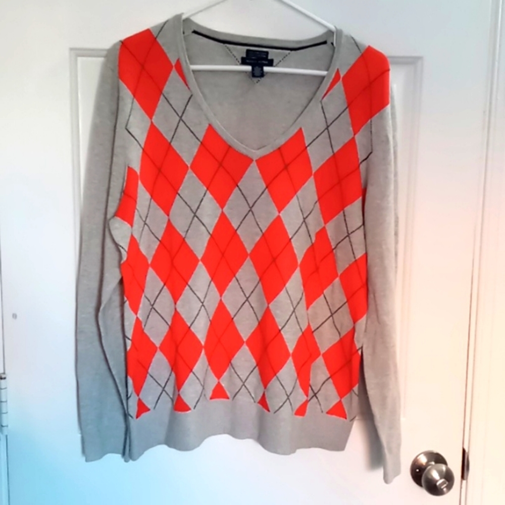 Tommy Hilfiger grey and orange argyle v-neck sweater, size XL